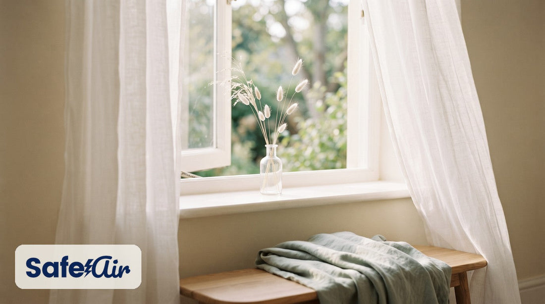 Open window with sheer curtains, a glass vase of dried grass on the sill, and a sage throw on a wooden bench.