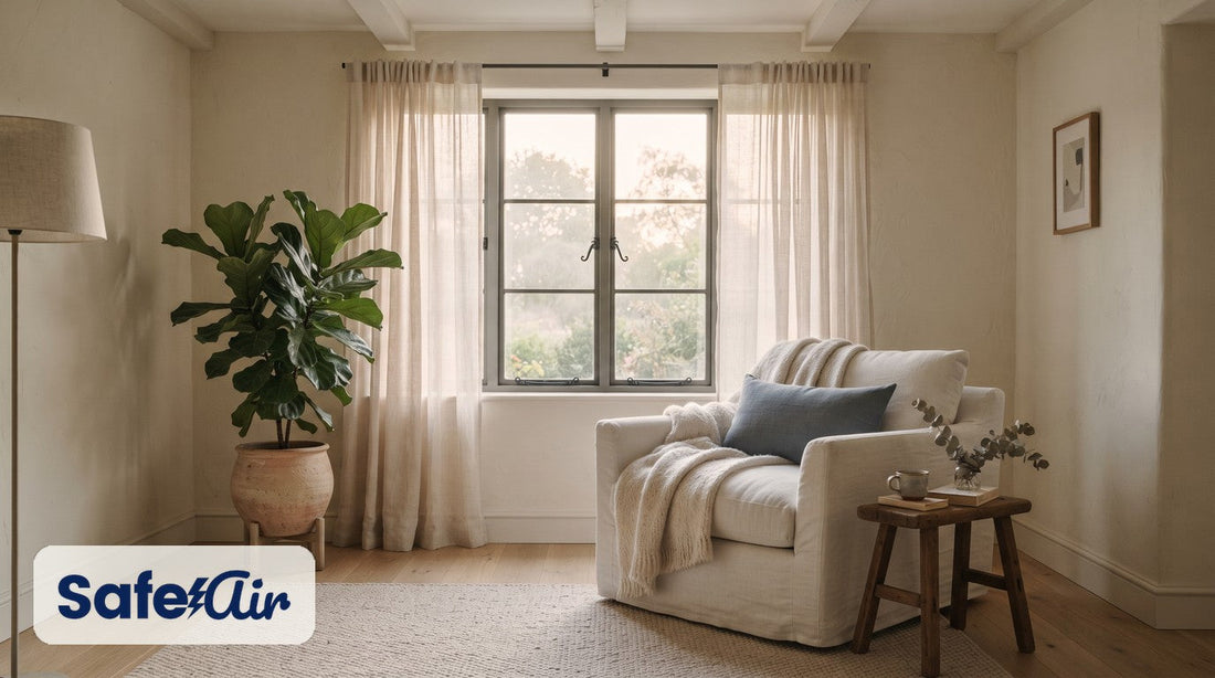 Calm cream room with a closed window, sheer curtains, a linen armchair and a fiddle-leaf fig in soft afternoon light