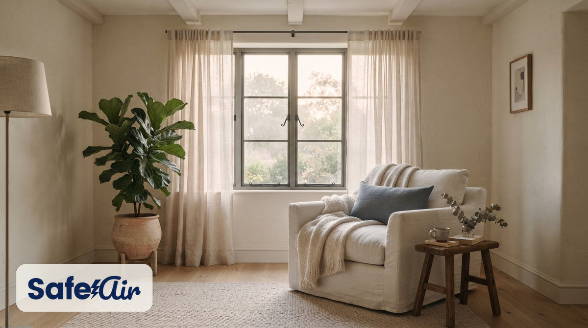 Calm cream room with a closed window, sheer curtains, a linen armchair and a fiddle-leaf fig in soft afternoon light