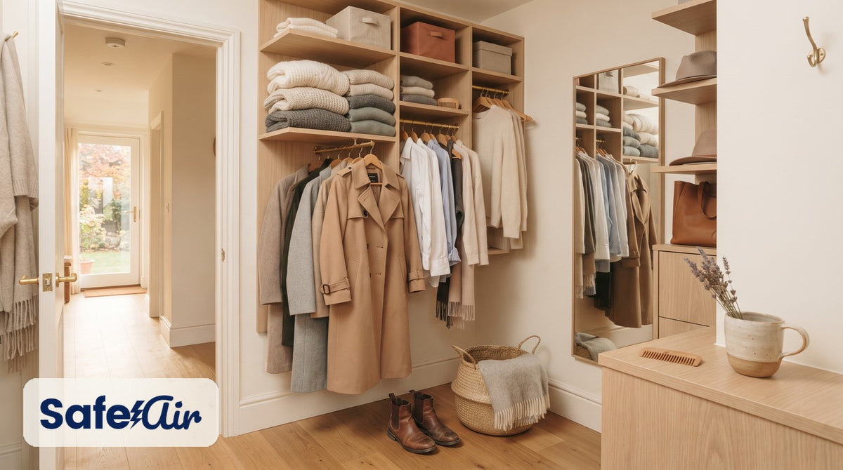 Sweaters and coats on folded wood shelves in a bright walk-in closet, with boots, a woven basket and dried lavender