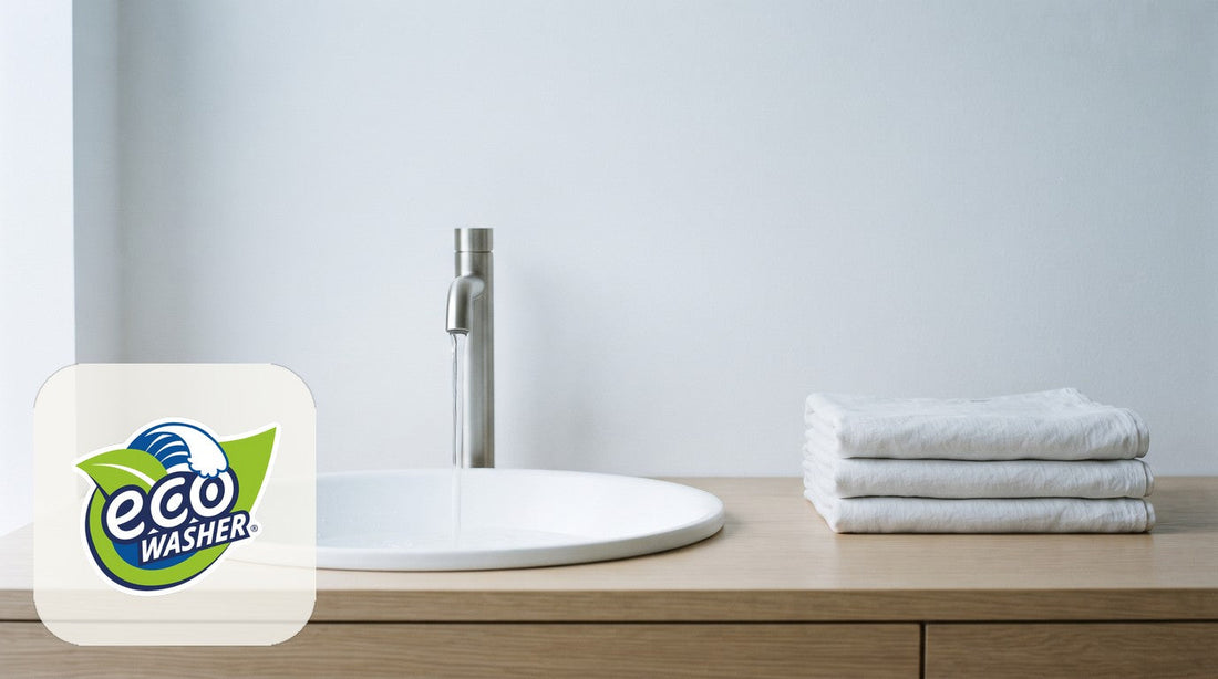 Steel tap running water into a white basin on a light oak counter beside three folded white towels.