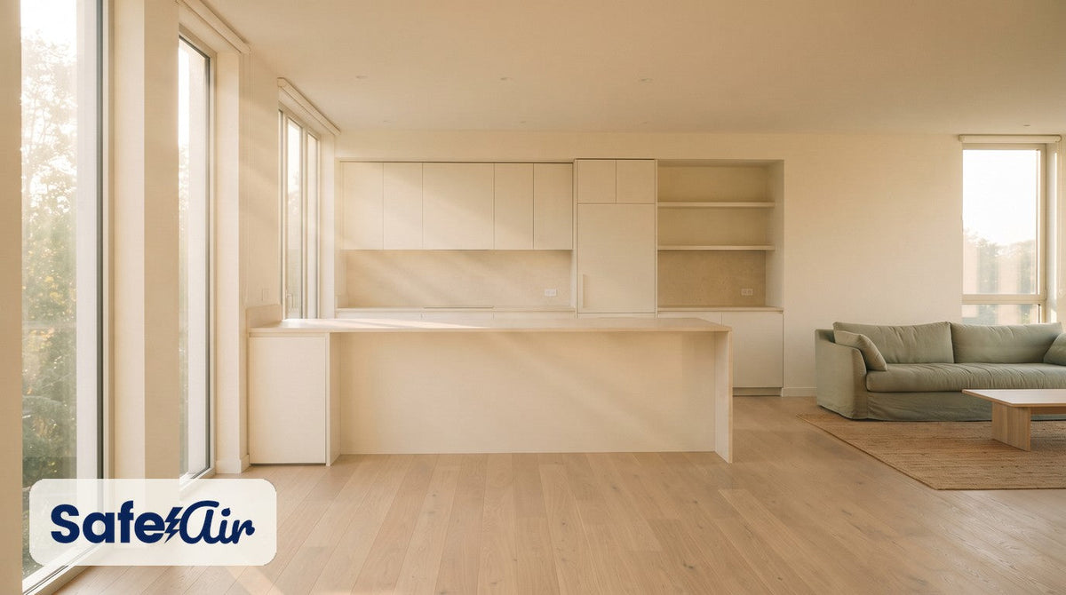 Sunlit open cream kitchen with a bare island and a sage sofa in the living area.