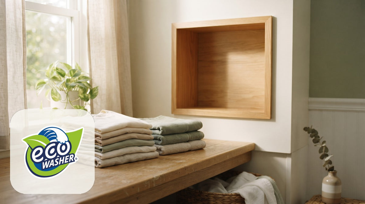 Sunlit laundry nook for fragrance-free laundry: folded cream and sage tees and towels on a wood table