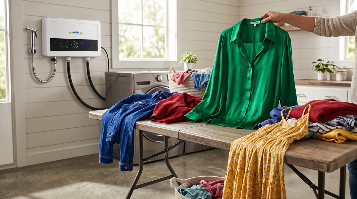 Fabric-safe ozone laundry scene — colors and delicates stay bright with EcoWasher cold wash