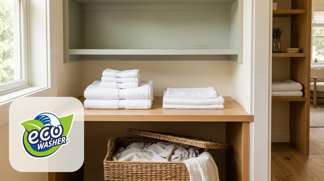 Vacation-rental laundry closet ready for EcoWasher EXL guest turnovers