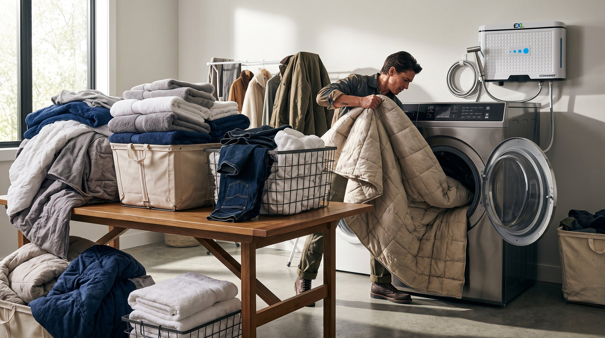 EcoWasher EXL heavy-load laundry scene for bigger households and high-volume wash days