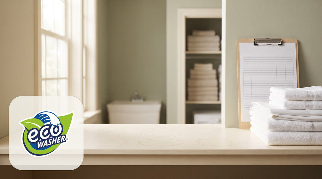 Empty laundry counter with faint jug outlines, folded white towels, and a blank clipboard in soft morning light.