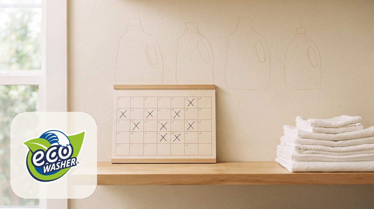 Soft laundry shelf with faint jug outlines, blank calendar marks, and folded white towels in morning light.