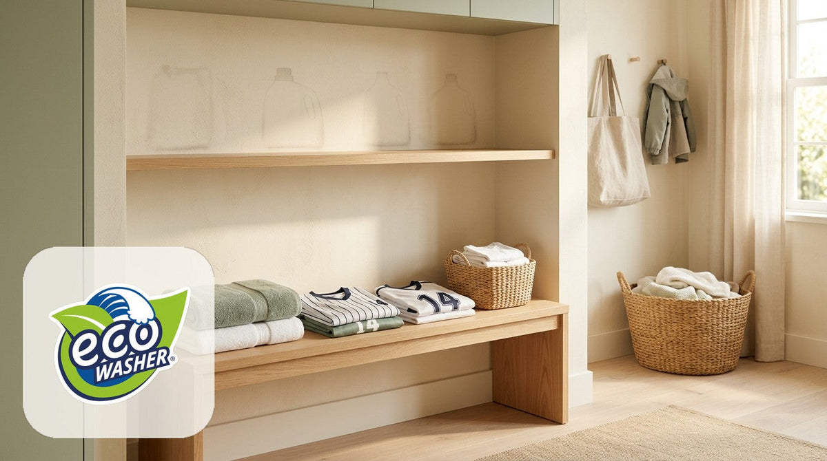 Mudroom athletic laundry scene for EcoWasher Pro sports families