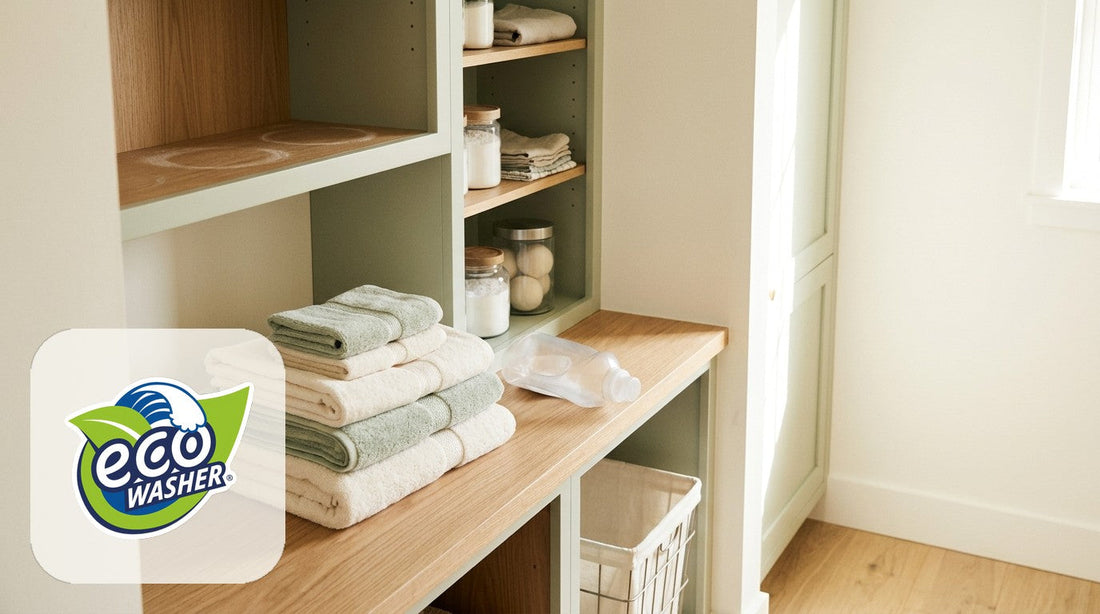 Empty detergent shelf and fresh towels — first detergent-free EcoWasher SE start