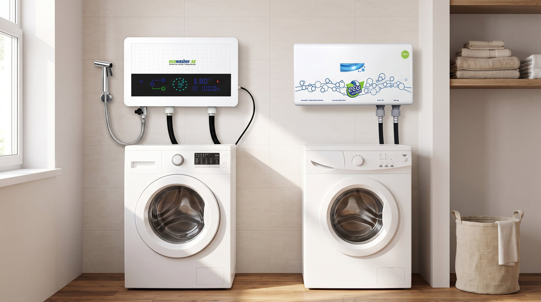 EcoWasher SE vs Pro comparison scene — accurate SE and Pro product likeness.