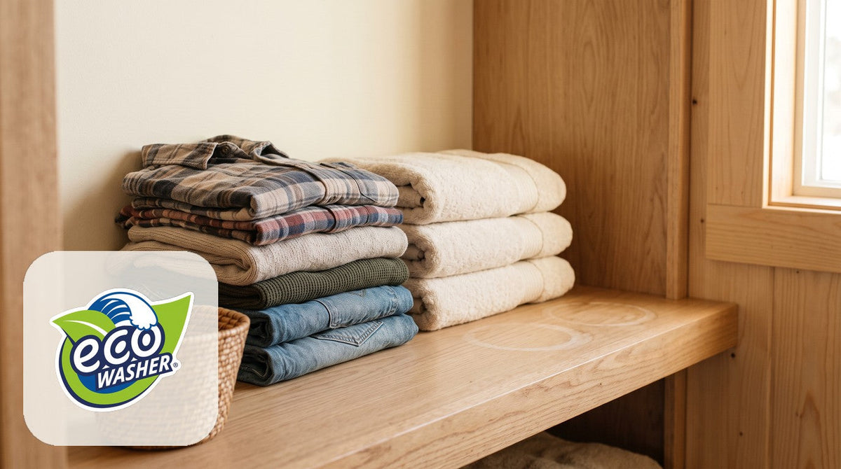 Weekend cabin laundry declutter scene for EcoWasher SE detergent-free
