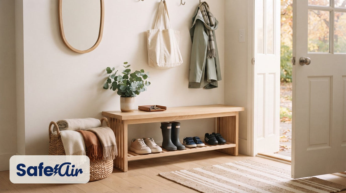 Bright entryway with a light-wood bench, sneakers, rain boots and cleats on the shoe shelf, and a coat and tote on hooks