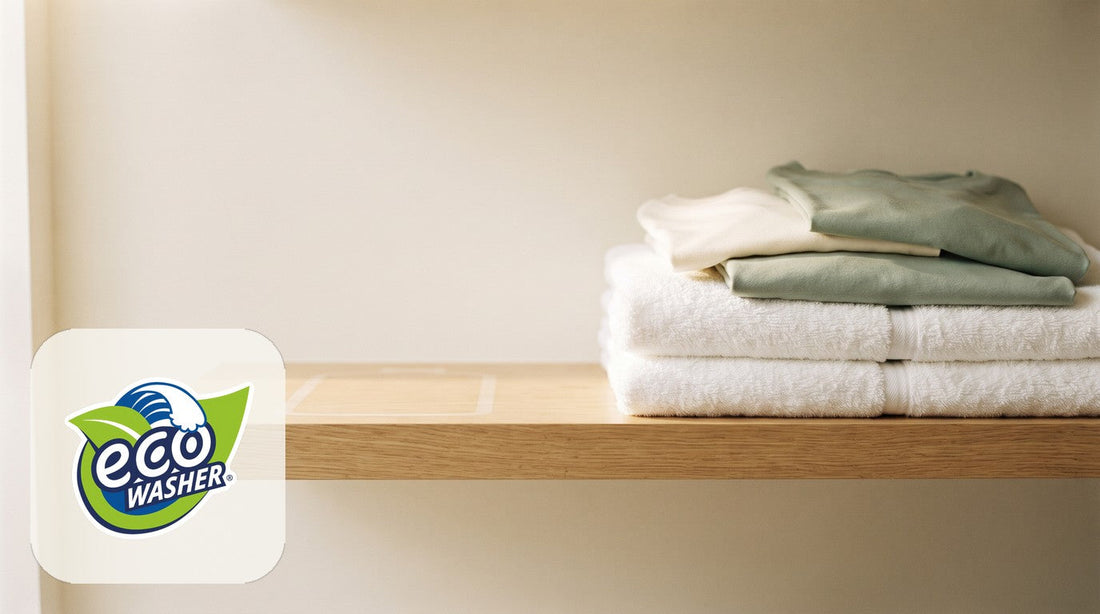 Light wood shelf with a stack of plush white towels and folded cream and sage tees against a cream wall.