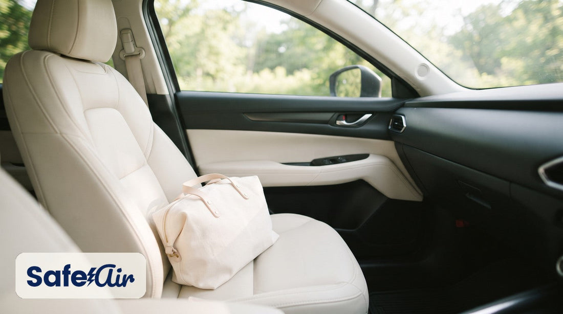 Cream leather passenger seat with a canvas travel bag in a sunlit car, green trees outside.