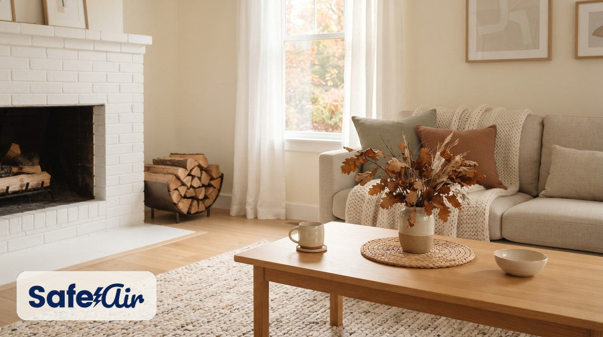 A bright cream living room with a clean white-brick fireplace, stacked firewood, a linen sofa and dried autumn branches