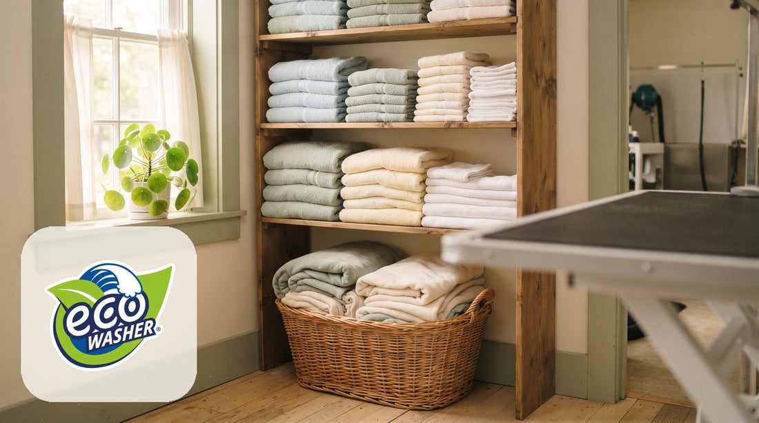 Sunlit grooming-shop laundry nook with sage, blue and white towels folded on wooden shelves and in a wicker basket