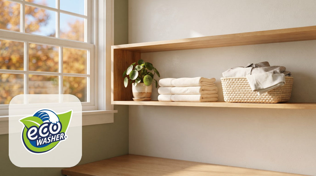 Sunlit laundry shelf with a potted plant, folded white towels and a woven basket of clothes by a window with fall leaves