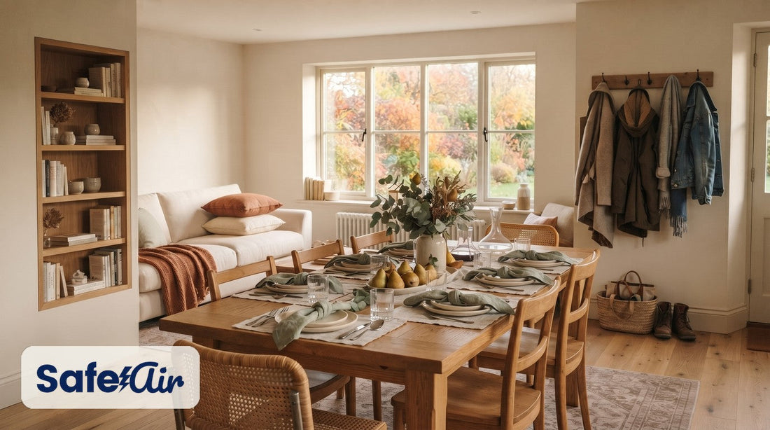 Warm autumn living and dining room with an oak table set with sage napkins and pears, a cream sofa and coats by the entry