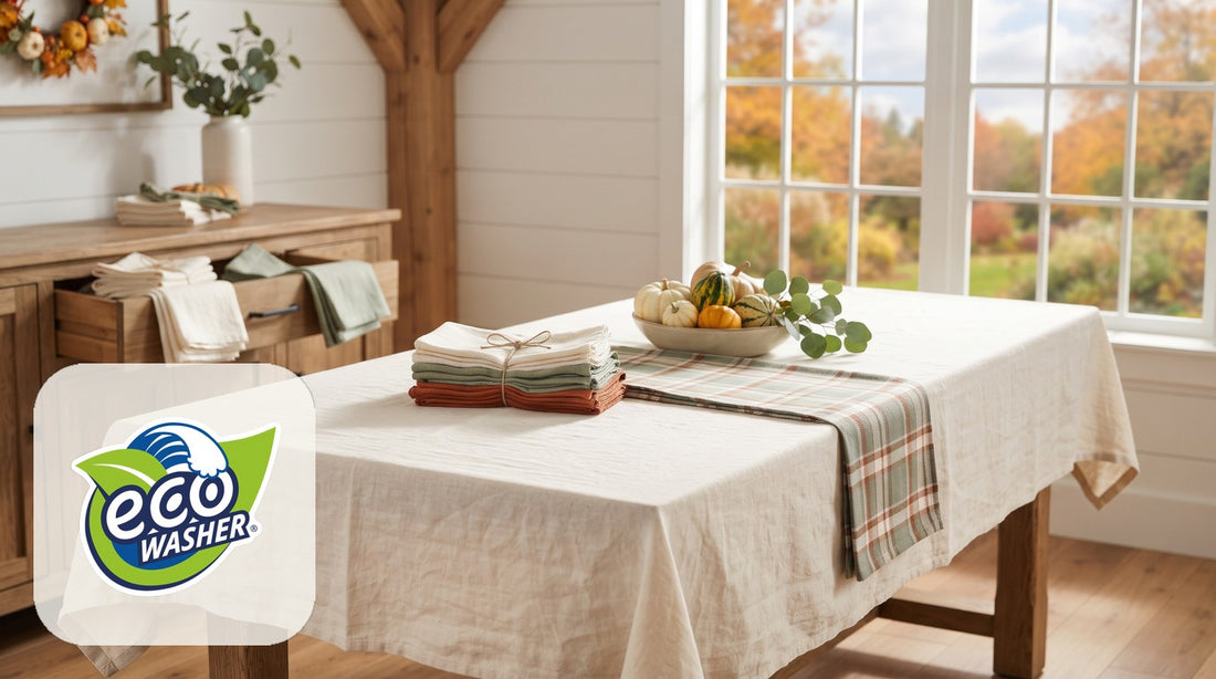 Cream linen tablecloth on an oak table with tied cloth napkins, a plaid runner and mini pumpkins by a fall window