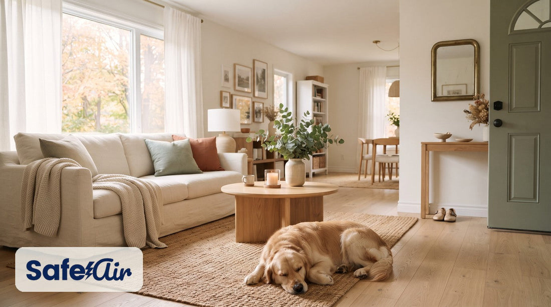 Sunny living room with a linen sofa, a golden retriever asleep on a woven rug and a sage-green front door
