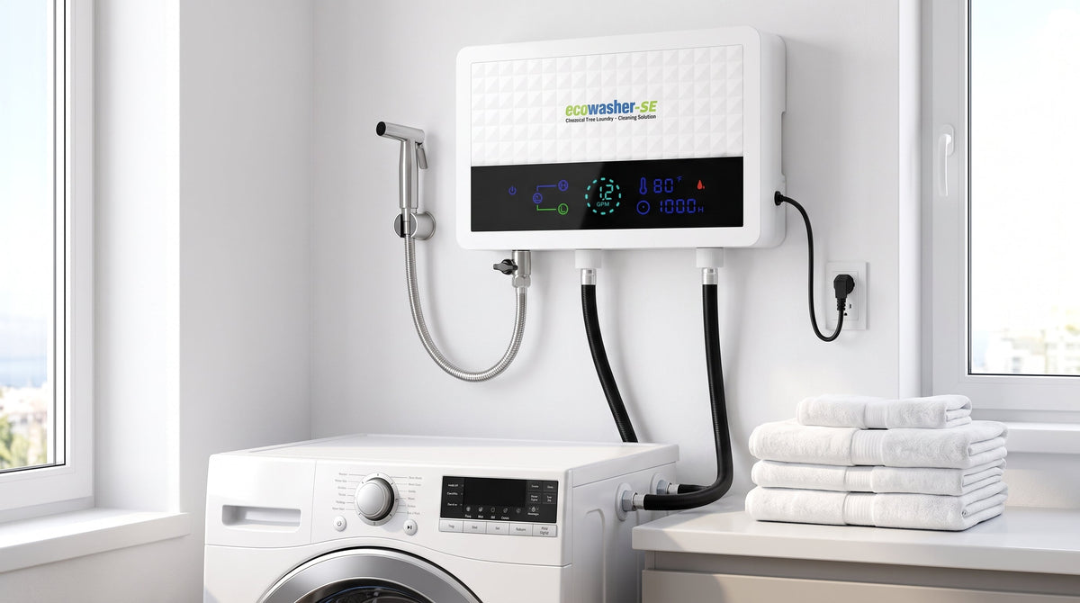 Home washer setup scene for how to install EcoWasher on an existing machine