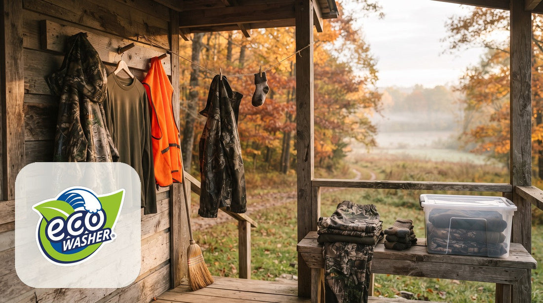 Camo jackets and a blaze-orange vest hang on a cabin porch, with folded gear on a bench and autumn trees beyond
