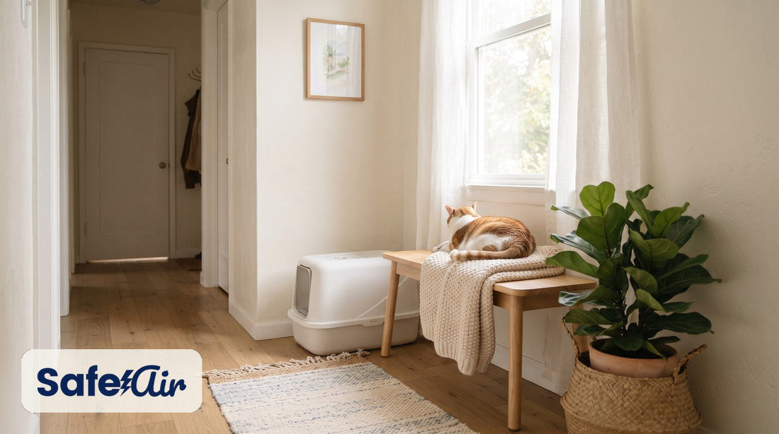 Sunny apartment hallway with a covered litter box, a cat napping on a wooden bench, a woven rug and a fiddle-leaf fig