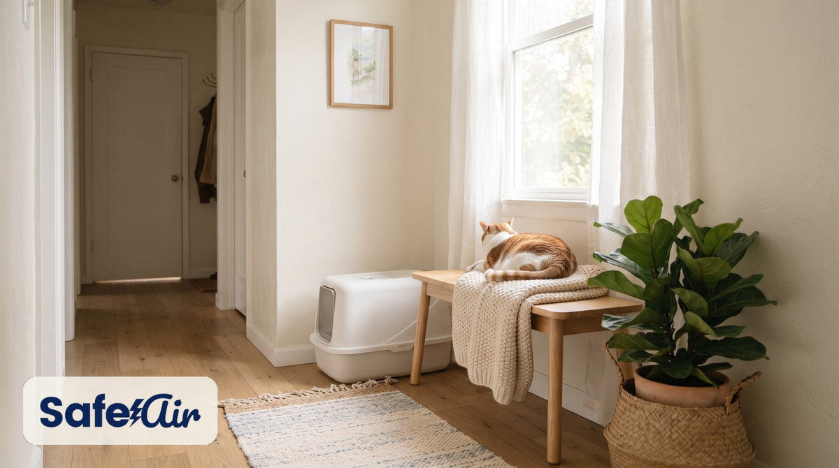 Sunny apartment hallway with a covered litter box, a cat napping on a wooden bench, a woven rug and a fiddle-leaf fig