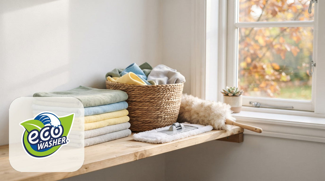 Folded microfiber cloths in sage, blue, yellow on a wooden shelf beside a woven basket, mop pad and duster by a fall window