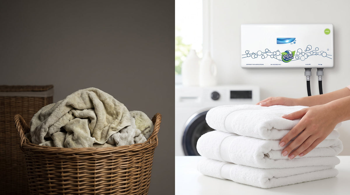 Stack of towels beside a home washer — musty towel odor and fresher laundry