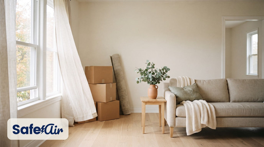 Bright living room with moving boxes, a rolled rug, a linen sofa and eucalyptus, and sheer curtains lifting at an open window