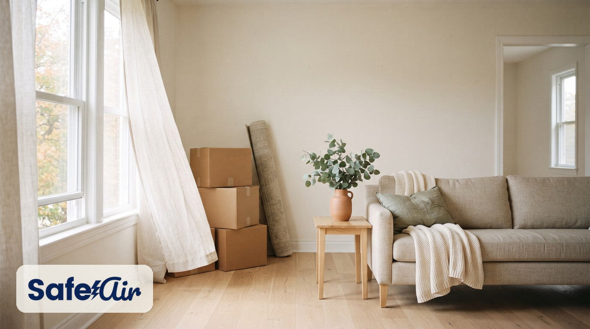 Bright living room with moving boxes, a rolled rug, a linen sofa and eucalyptus, and sheer curtains lifting at an open window