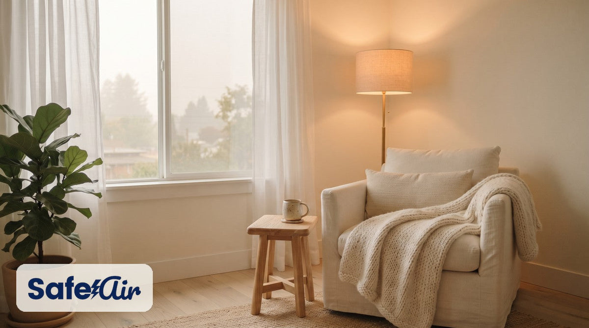 Lamp-lit reading corner with a linen armchair, knit throw and plant by a closed window, hazy air outside in gray-gold light
