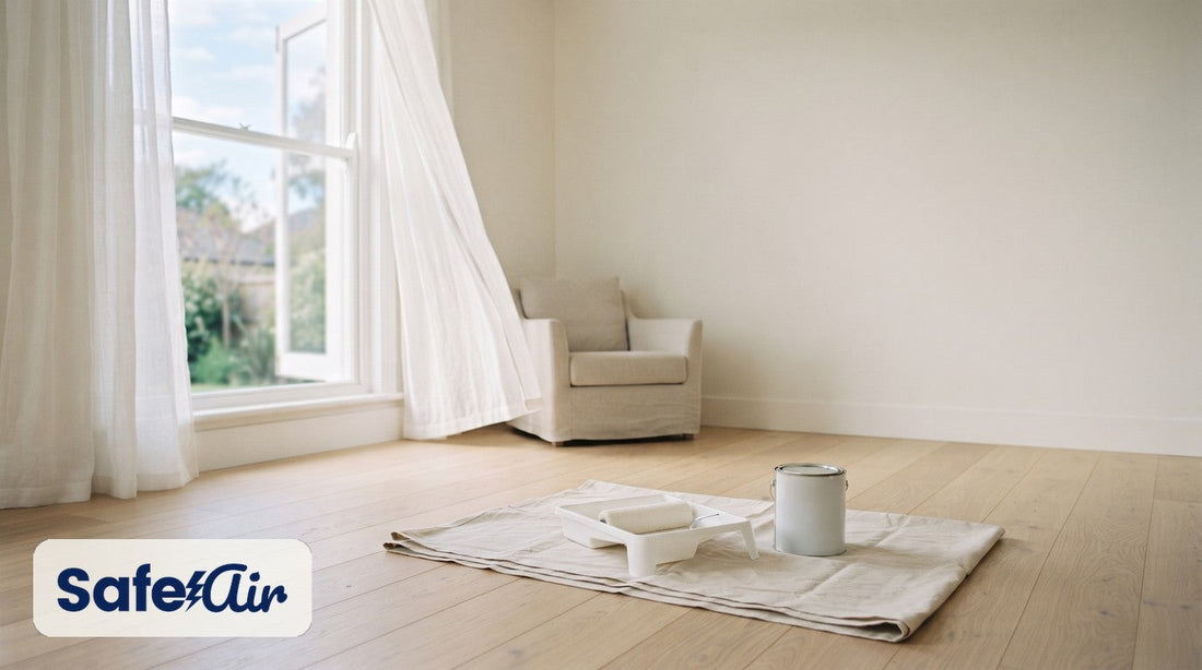 Freshly painted cream living room with sheer curtains at an open window, a linen armchair and a roller tray on a drop cloth
