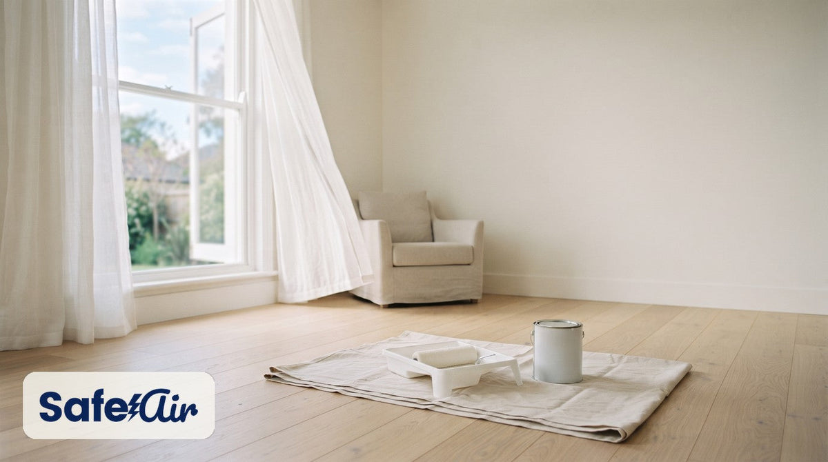 Freshly painted cream living room with sheer curtains at an open window, a linen armchair and a roller tray on a drop cloth