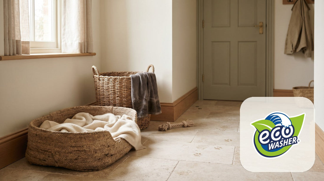 Sunlit mudroom with an empty woven pet bed and blanket, a dog towel over a basket, a rope toy and paw prints on the tile