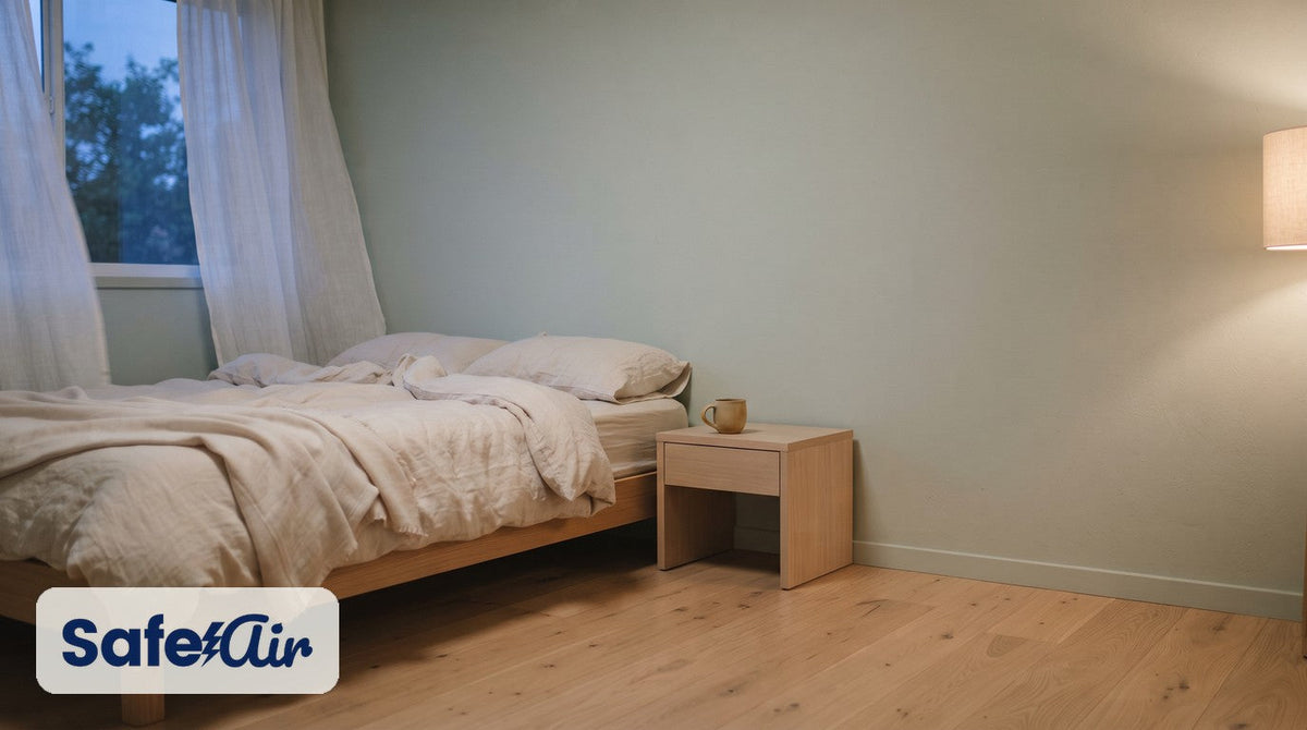 Calm dusk bedroom with cream linen bedding, a pale-wood nightstand with a mug, sheer curtains and lamplight on an oak floor