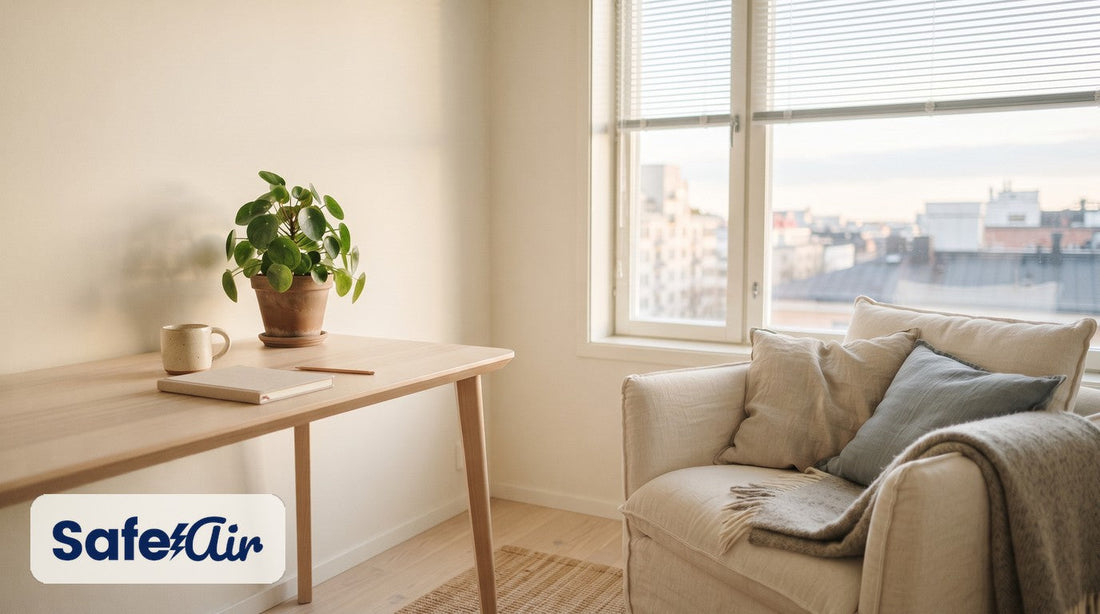 Sunny rental apartment corner for filter-free air: pale-wood desk with mug, notebook and plant, linen armchair by the window