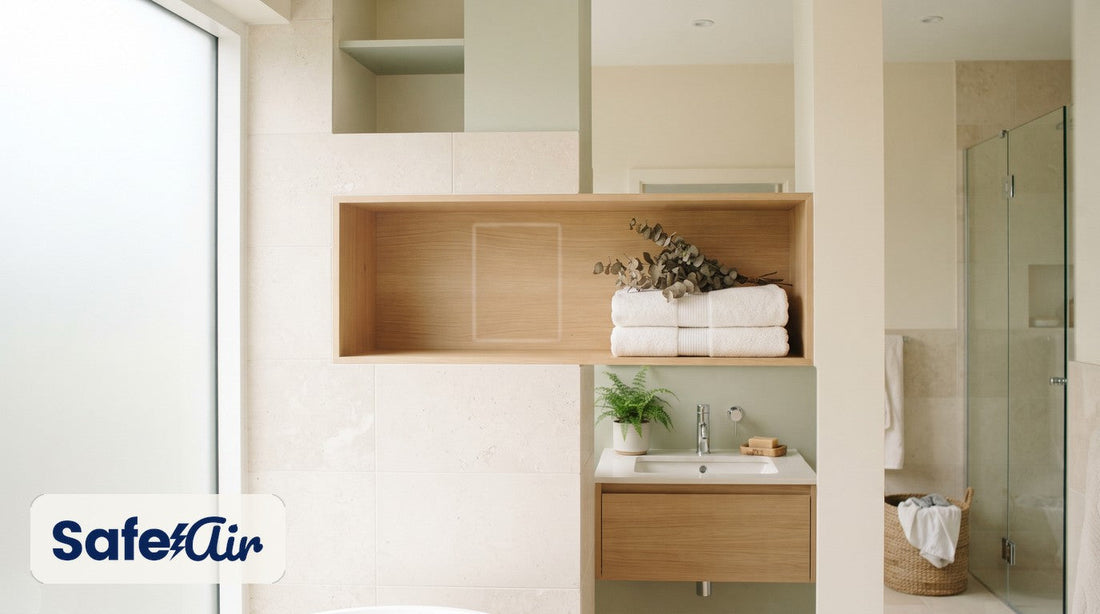Bathroom scene for portable SafeAir Mini X2 filter-free air