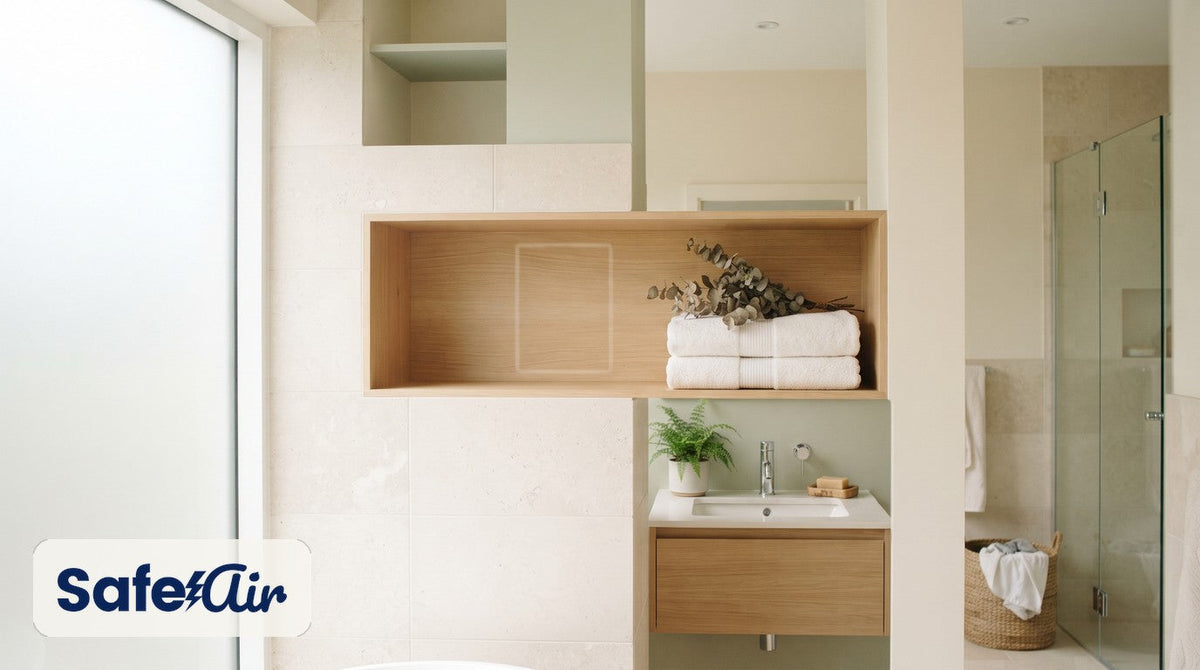 Bathroom scene for portable SafeAir Mini X2 filter-free air