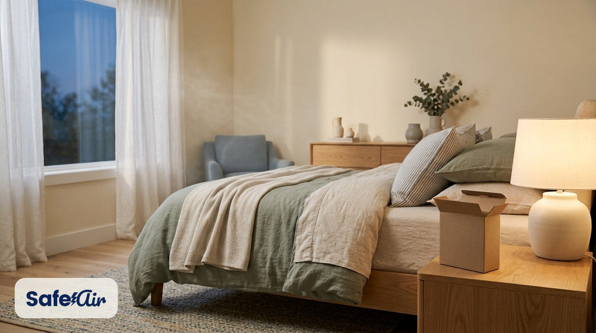 Calm bedroom evening scene for filter-free SafeAir Mini X2 air