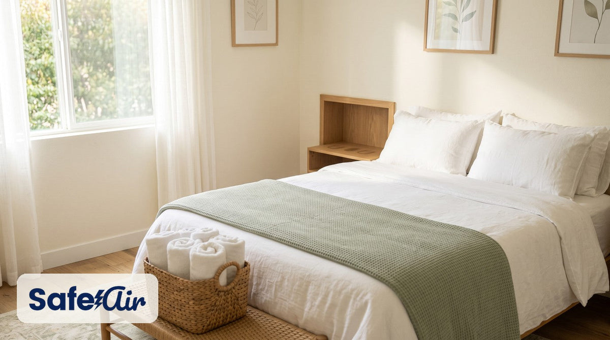 Guest bedroom scene for portable SafeAir Mini X2 filter-free air