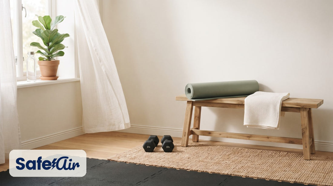 Bright home workout corner with a rolled yoga mat and towel on a wood bench, dumbbells on a jute rug, and an open window