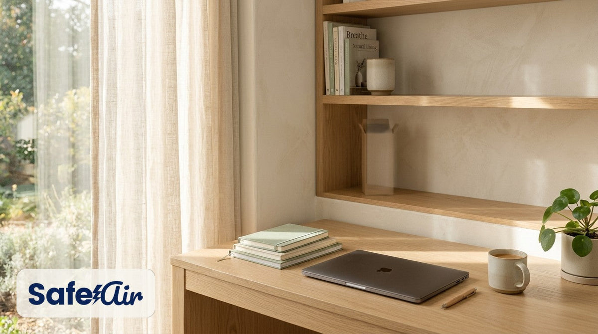 Home-office desk scene for portable SafeAir Mini X2 filter-free air