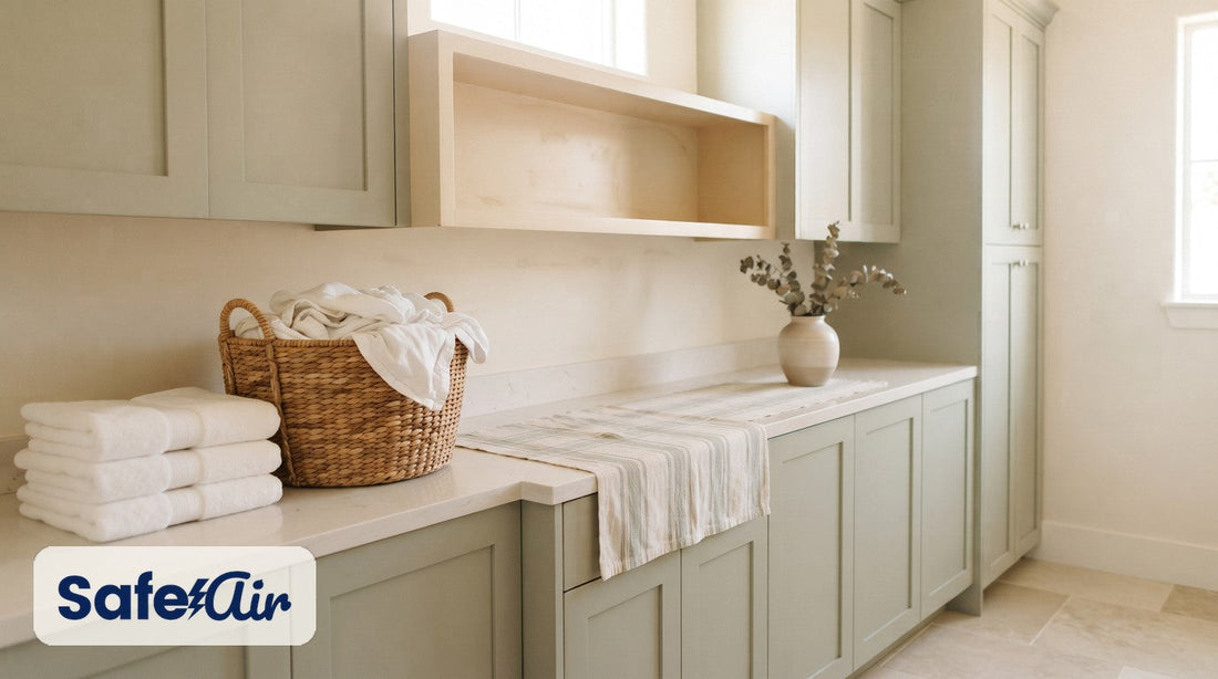 Laundry room scene for portable SafeAir Mini X2 filter-free air