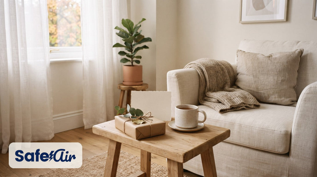 Wrapped kraft-paper gift with eucalyptus and a blank card beside a mug of tea on a wood side table by a linen armchair