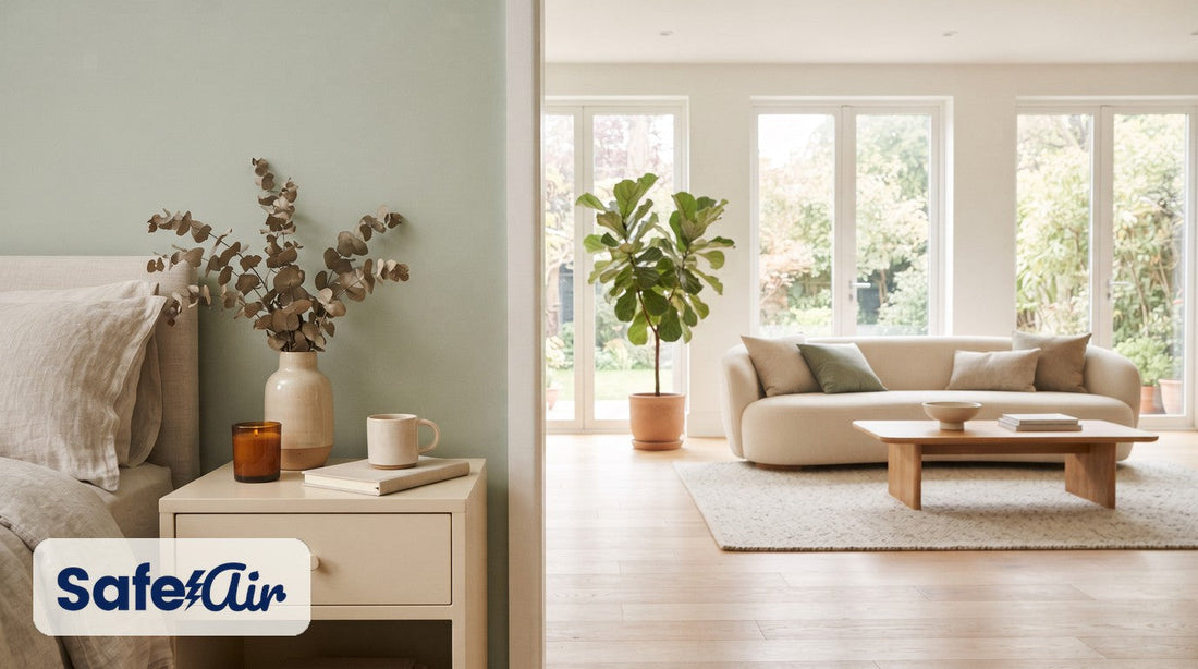 Cream nightstand opening to a sunlit living room with tall windows and open floor.