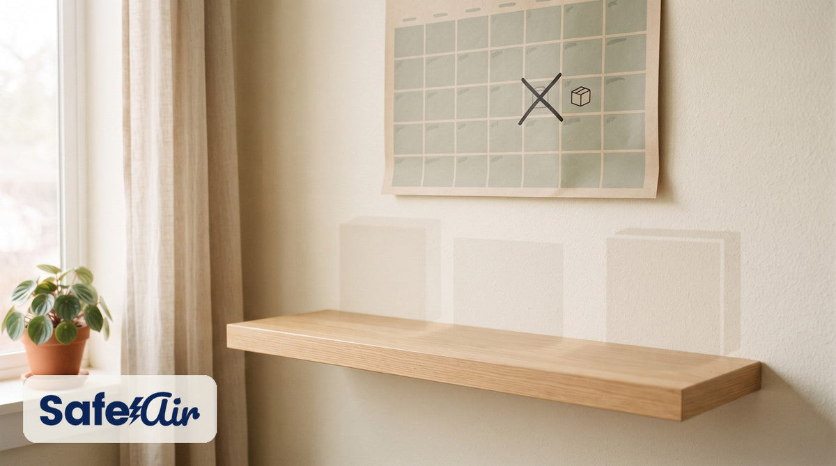 Empty wood shelf with faint box outlines and a calendar marked with an X beside a carton icon.