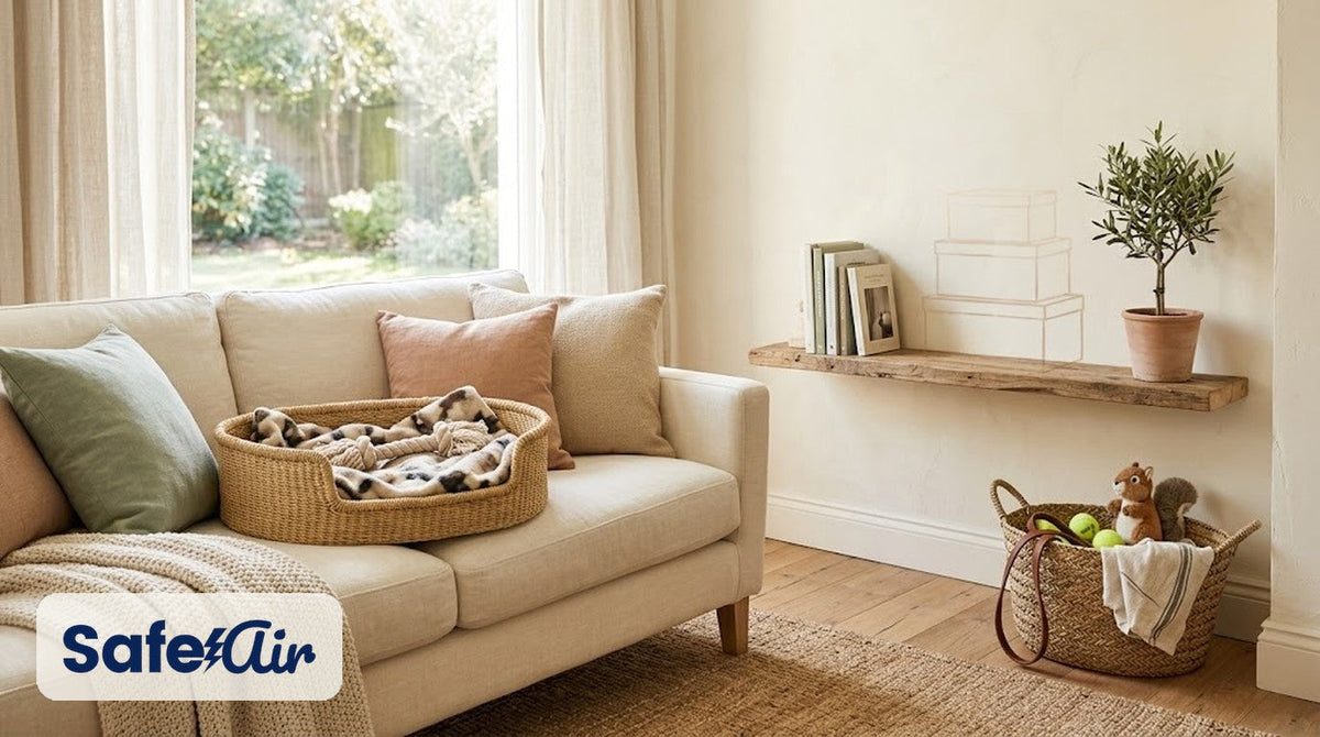 Living room pet-home scene for filter-free SafeAir Ultra air